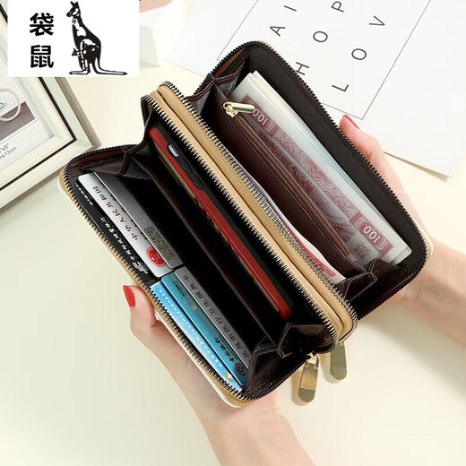 袋鼠（KANGAROO）钱包女长款2024新款欧美时尚大容量双拉链手机包女印花手拿包 米白色双拉
