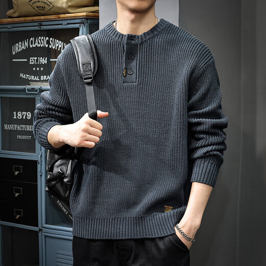 New Balance NEW BOLUNE autumn and winter trendy brand sweater men's American retro Henry collar versatile heavy casual sweater jacket 8903 gray blue regular S