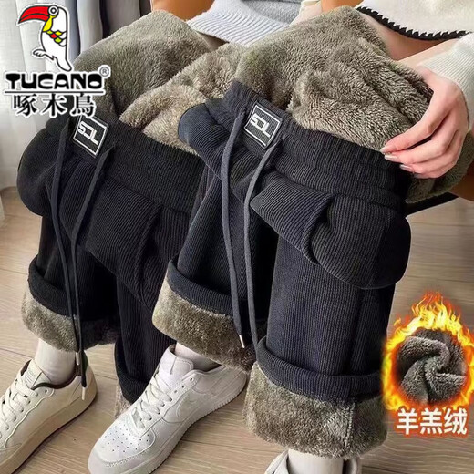 Woodpecker Casual Pants Men's Autumn and Winter 2025 New Velvet Thickened Sports Pants Straight Leg Pants High Waist Warm Wide Leg Pants Black + Dark Gray 2 Pack Velvet Brand Special Clearance Pickup Thickened 2XL Recommended 135-150Jin Jin is equal to 0.5kg