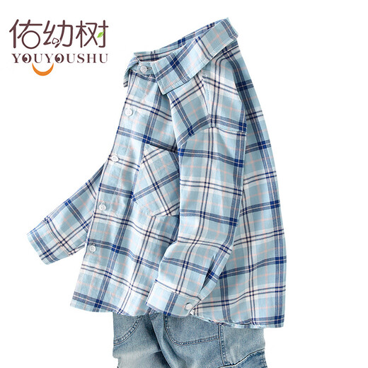 Children's clothing boys' long-sleeved shirts children's plaid shirt spring new style medium and large children's Korean style spring and autumn tops trendy light blue plaid 160 cm