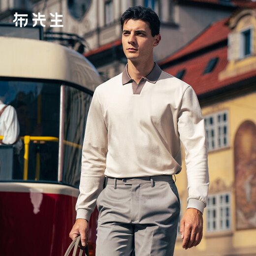 
Mr. Bu Mr. Bu Light Business Contrast Lapel 2025 Autumn Pearl Breathable Front Shoulder Long Sleeve T-shirt Men BT16859 Yami Apricot S __165