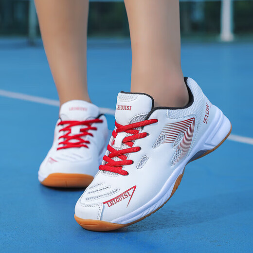 65z3 New Badminton Shoes Autumn Indoor Comfortable Double Net Sports Shoes Simple Thick Soled Lightweight Competition Shoes White Red 42