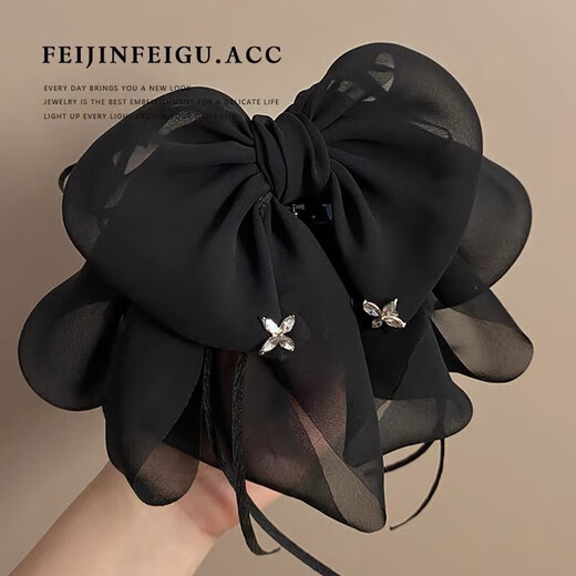 Black bow ribbon hair accessories hairpin ponytail catcher on the back of the head large headdress hairpin hairpin catcher fabric 1 chiffon bow ribbon ponytail clip