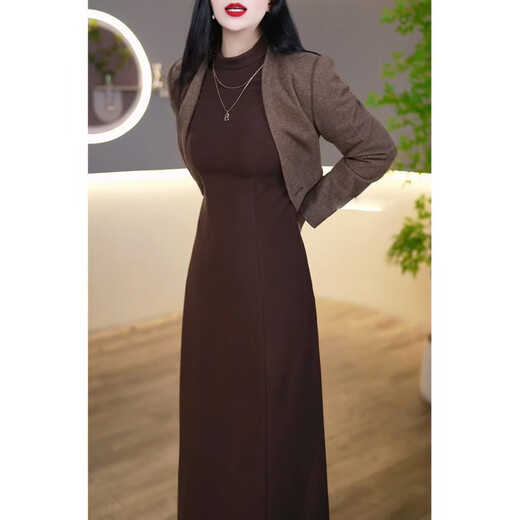 Pierre Cardin elegant thickened two-piece dress for women 2025 autumn and winter new lady mother dress suit skirt coffee color two-piece suit L recommended 101-110 Jin Jin equals 0.5 kg