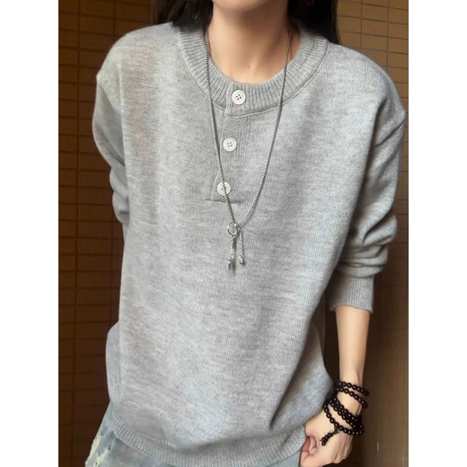 XUANSENTU American Henley Collar Heavy Gray Sweater Men's Lazy Shoulder Bottoming Sweater Couple Sweater Trendy Light Gray Upgraded Model 95% Users Choose M