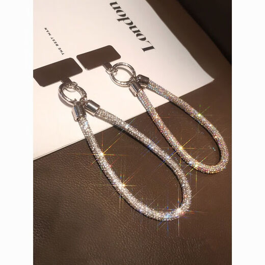 Mobile phone lanyard hanging chain clip short pendant high-end luxury thick rhinestones strong universal fashion wrist lanyard Champagne gold and white diamonds full of diamonds + stainless steel card-wrist style