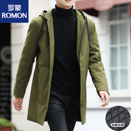 ROMON high-end windbreaker men's mid-length hooded fashionable casual solid color large size jacket men's 2025 spring and autumn new style with cotton outer black (cotton) M