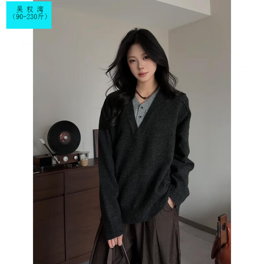 Wu Quanwan old money style deep v-neck fake two-piece sweater men's autumn lazy American retro Henry collar sweater black upgrade black upgrade XL