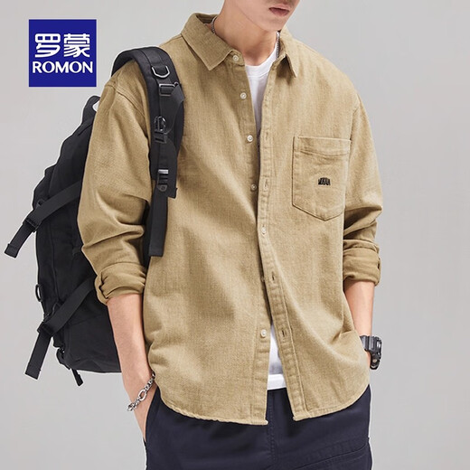 ROMON brushed long-sleeved shirt men's autumn and winter 2025 new trendy brand loose cotton shirt cotton casual jacket for men navy blue XL