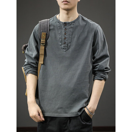 Romon pure cotton sweatshirt spring and autumn long-sleeved T-shirt 2025 new casual men's loose trendy brand Henry collar bottoming shirt 2315 charcoal gray S suitable weight 90-115Jin Jin equals 0.5 kg