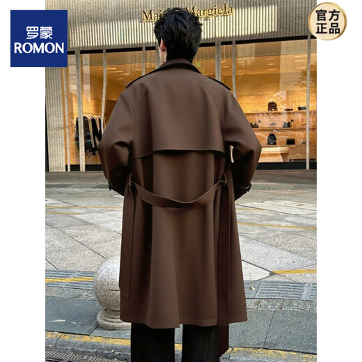 ROMON 2025 new mid-length men's windbreaker large size loose suit collar coat double-breasted over-the-knee coat tea coffee color XL 150-170Jin Jin is equal to about 0.5 kg