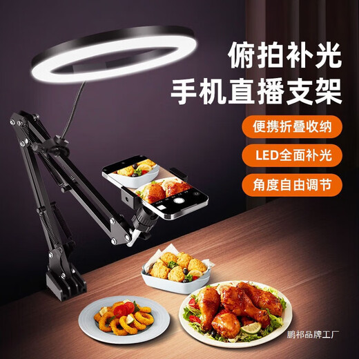 Qizhi special mobile phone holder with fill light, overhead shot, cantilever straight stand, desktop shot, gourmet calligraphy beads, 26cm shadowless lamp, clip-on holder + remote control