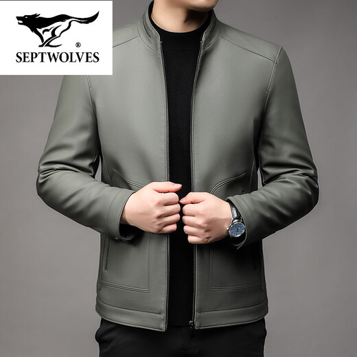 SEPTWOLVES stand collar leather jacket for men middle-aged dad autumn and winter new leather jacket men's business casual plus fleece leather jacket black thin 2XL 185 (suitable for weight 150-165)