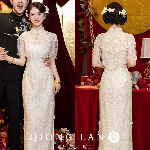 Libaixin high-end champagne color engagement cheongsam 2025 new national style certificate dress bride wedding toast suit autumn champagne color M recommended 90-100Jin Jin equals 0.5 kg