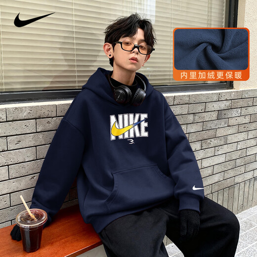 NIKE Nike Boys Hooded Sweatshirt with Velvet 2025 New Autumn and Winter Girls' Clothing Big Children's Thickened Top to Keep Warm in Winter Indigo 2233 Velvet and Thickened High Weight 160/L Recommended Height 152-158cm