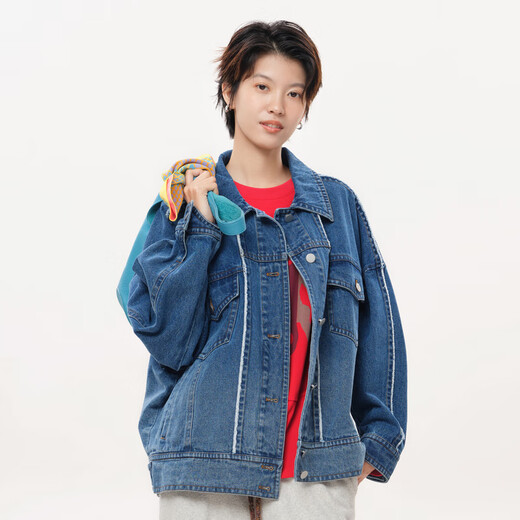 MOVEUP 2025 winter new style.FUN series pure cotton lapel metal buckle pocket denim jacket for women denim blue M