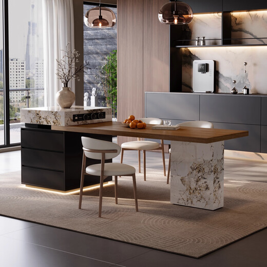 Aurunsen Italian minimalist high-end island dining table integrated retractable slate dining table large kitchen guide table Pandora + wood grain color Bull track socket + tea + 4 chairs 160cm total telescopic length 200-240