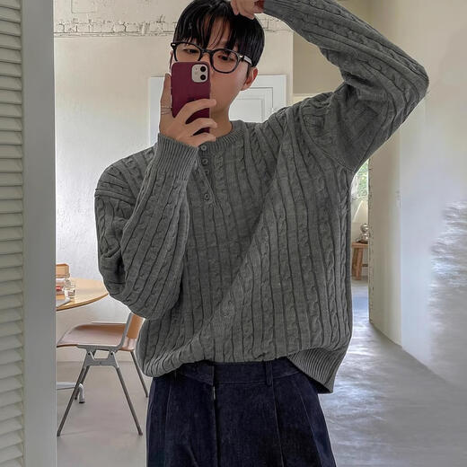 Semir Heavy Industry Knitted Twist Henley Neck Sweater Men's Spring and Autumn New Korean Style Lazy Loose Pullover Sweater Gray Gray XL