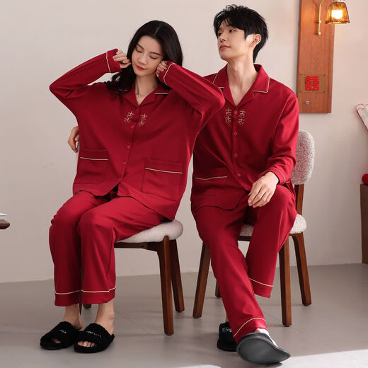 LangSha Couple Pajamas Men and Women Pure Cotton Long Sleeve Wedding New Year's Year Red Festive New 2025 Spring and Autumn Home Clothing Forever XL Women's Style
