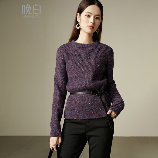 Late White Exclusive 2025 Winter Fashion Casual Sweater Solid Color Wool Sweater for Women Without Belt Purple M