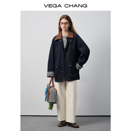 Вега Chang Denim Jacket для женщин 2025 Осень Новый контраст дизайн оценочного оклального дизайна.