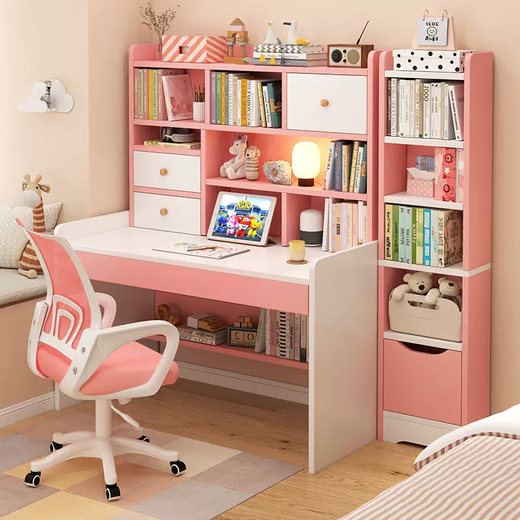 Yusenyi Children's Desk Bookshelf Bookcase Integrated Primary School Student Bedroom Writing Learning Chair Set Simple Home Lift Desk (Hot-Selling) 1 Meter Princess Pink - Pulley Lift Chair