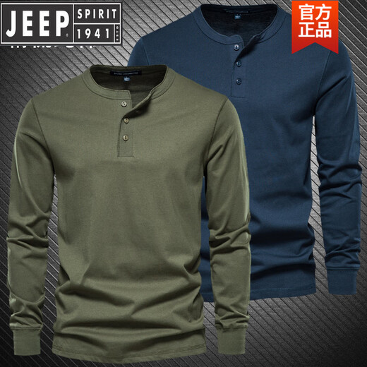 JEEP long-sleeved T-shirt men's pure cotton heavyweight army green henley shirt American spring and autumn round neck new product royal blue 2XL (weight 175-190Jin Jin equals 0.5 kg)