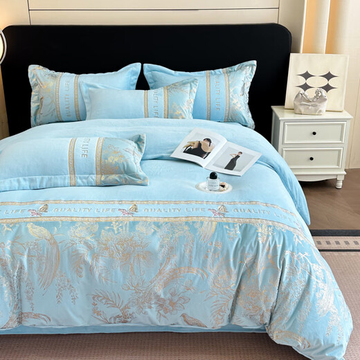 Nanjiren (Nanjiren) high-end milk velvet four-piece set double-sided velvet coral velvet embroidered duvet cover double winter thickened baby velvet duvet cover Dielianhua-Sky Blue Thick velvet non-shedding bed sheet 1.8m four-piece set-duvet cover 200x230cm