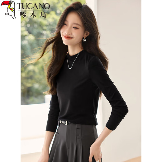 Woodpecker long-sleeved T-shirt for women in autumn pure cotton right shoulder slim fit versatile half turtleneck bottoming shirt top black XL