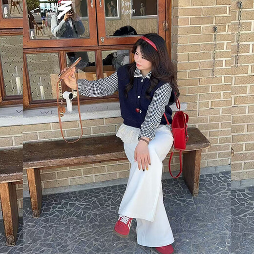 Datouting camisa de encaje con empalme a cuadros de talla grande coreana personalizada ligeramente gorda para mujeres de principios de otoño tops falsos de dos piezas de mm gordos a cuadros azules 2XL