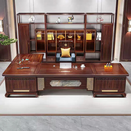 Tanxiao New Chinese Style Black Gold President Desk Boss Desk Executive Desk Bookcase Solid Wood Light Luxury High-End Study Furniture For Color and Size Customization Contact Customer Service