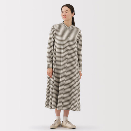 Женская фланелевая стойка Muji Женское платье с длинным рукавом женская юбка для хлопкового платья 25-летняя осень Новый продукт Легкий бежевый чек M (160/84A)