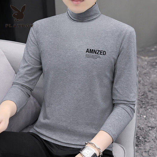 Playboy turtleneck bottoming shirt men's autumn and winter new pure cotton slim long-sleeved inner top men's high-quality printed T-shirt trendy dark floral gray 2XL 145-160Jin Jin equals 0.5 kg