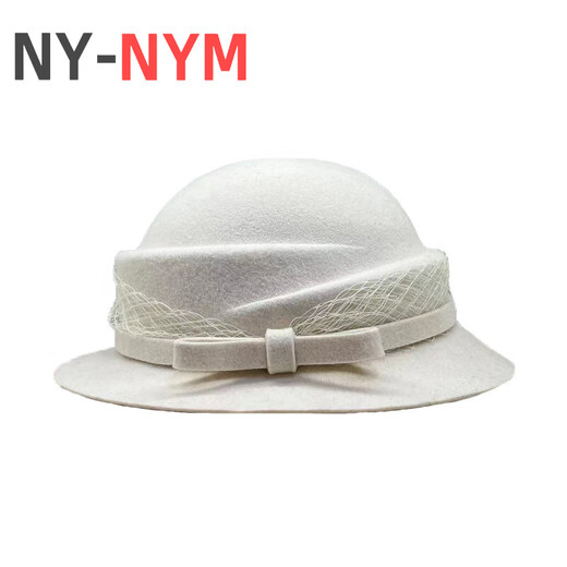 NY-NYM autumn and winter mesh small bow wool hat women's retro Hepburn style woolen hat temperament elegant small brim basin hat milky white adjustable (54-58cm)