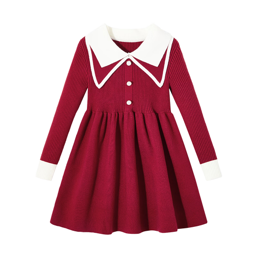 ASK JUNIOR Girls Skirt 2025 Winter Warm Double Lapel Contrast Color Knitted Princess Skirt New Year Red Dress