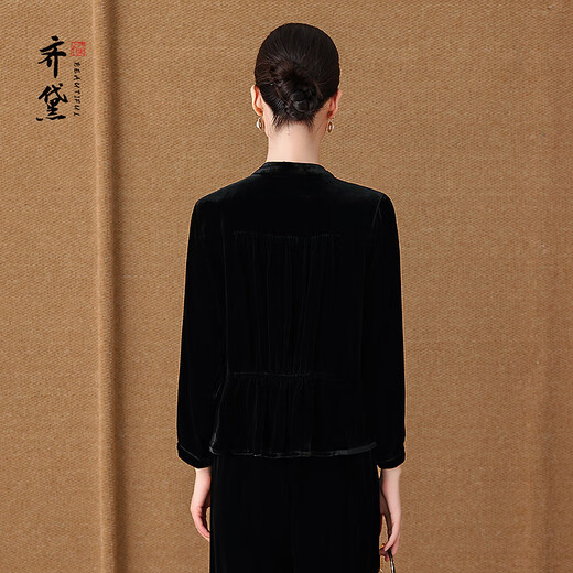 QUEDIT High-End-Marke aus schwarzem Maulbeerseidensamt-Top 2025 Herbst neues langärmeliges besticktes Retro-Shirt Moyun Velvet Shang L Empfohlen 105Jin Jin entspricht innerhalb von 0,5 kg