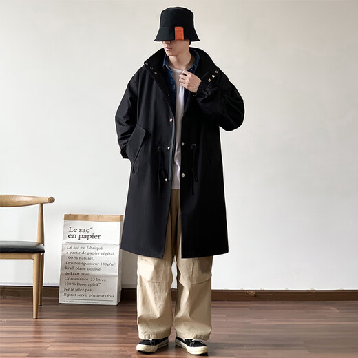 JEEP SPIRIT吉普日系抽绳收腰中长款风衣男秋季外套宽松休闲大衣卡其色XL