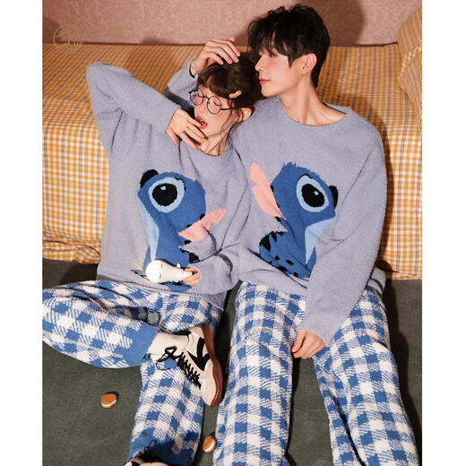 Gongdie thermal storage type Disney Stitch couple pajamas for women soft winter half velvet home clothes for men