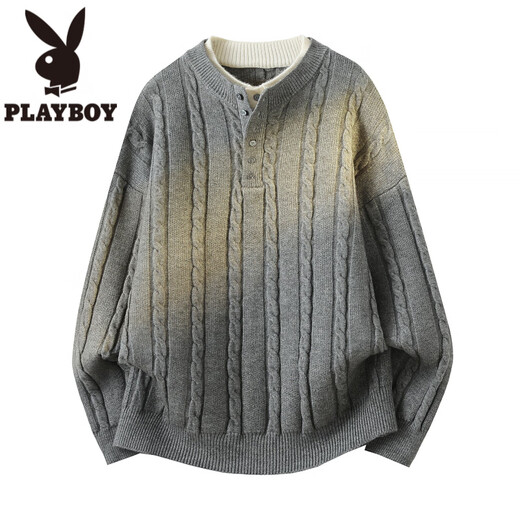 Playboy (PLAYBOY) cable pattern sweater men's autumn and winter holiday two-piece Henry collar pullover bottoming shirt men's simple woolen clothes dark gray M about 90~110Jin Jin equals 0.5 kg can be worn