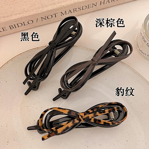 Gaenbei's new Korean style leather bow twist clip for women with updo hair on the back of the head, high-end one-word clip, retro clip hair accessory, 1 leopard print bow twist clip (about 11CM long)
