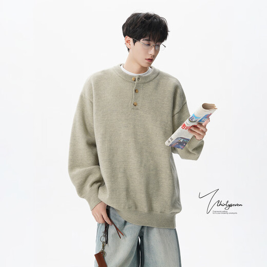 V37 American retro Henry collar sweater for men in autumn trendy brand cleanfit loose casual sweater jacket trendy light gray M