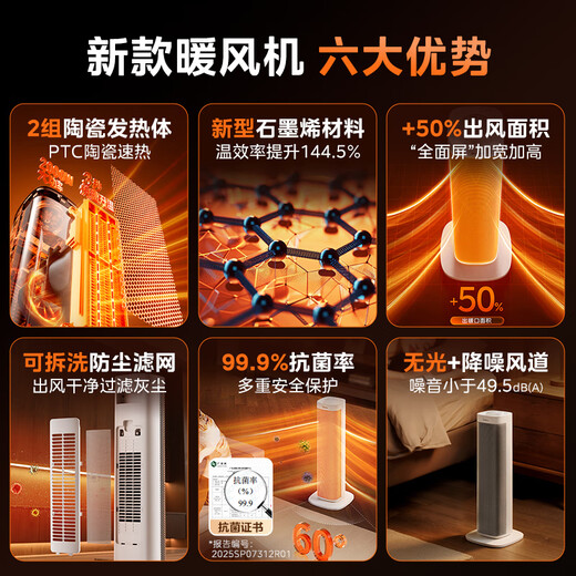 Midea graphene heater vertical heater household electric heater electric heater antibacterial bathroom small sun energy-saving electric heater hot air fan high power HFS20ALT