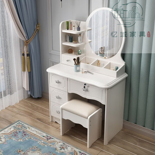 Painted European style bedroom dresser 2025 new lockable modern simple dresser storage cabinet make-up table 1.2m double cabinet + light + metal slide + stool