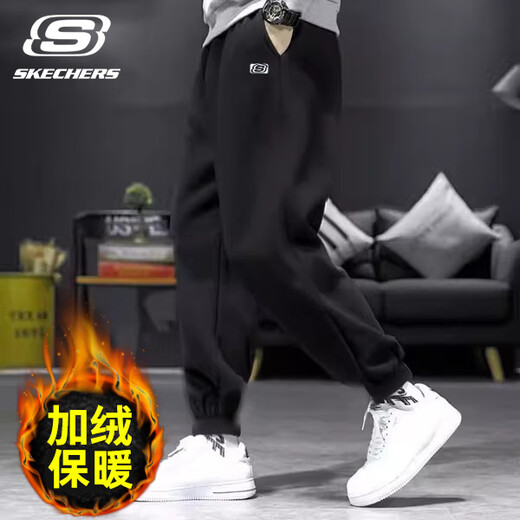 Skechers velvet sweatpants for men 2025 autumn and winter new loose warm trousers knitted leggings sweatpants casual trousers for men M154-0018 carbon black plus velvet L /175