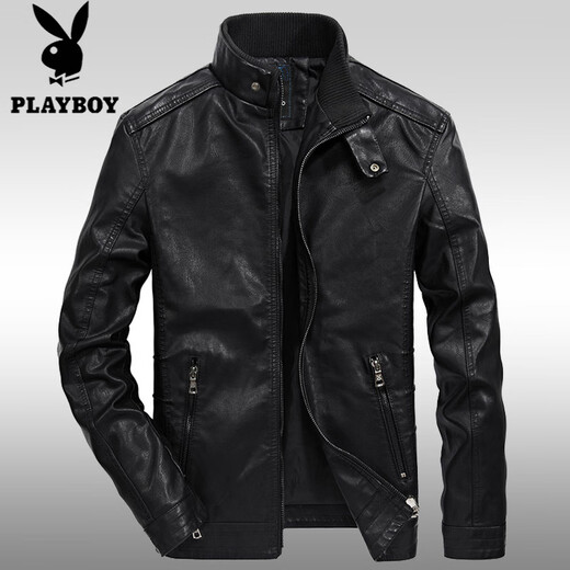 Playboy (PLAYBOY) Leather Jacket Men's Jacket Spring and Autumn Thin PU Leather Jacket Short Stand Collar Leather Jacket Men's Casual Fashion Slim Trend Black Thin XL 125-135Jin Jin is equal to 0.5 kg
