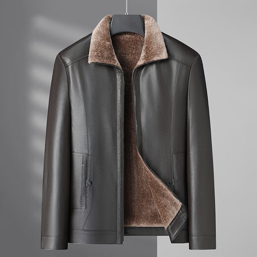 Dibinze large size winter men's velvet thickened lapel leather jacket for middle-aged and elderly people to prevent cold and warm leather jacket, brown XL