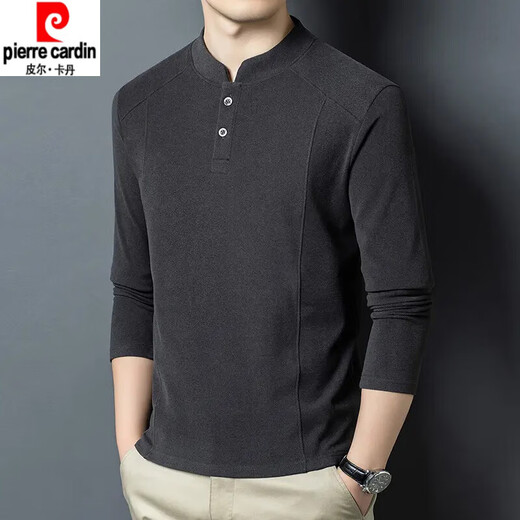 Pierre Cardin autumn and winter double-sided velvet bottoming shirt for men, Henry collar, trendy and versatile, long-sleeved T-shirt, stand-up collar sweatshirt for men, black 2XL (recommended 150-170Jin Jin equals 0.5kg)