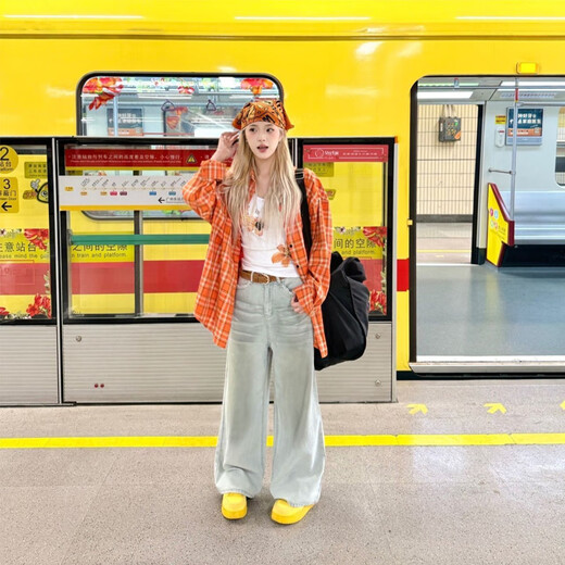 Zhenxiqi American retro plaid long-sleeved shirt for women 2025 autumn and winter new loose and versatile casual high street shirt jacket trendy orange plaid S suitable for 85~100Jin Jin equals 0.5 kg