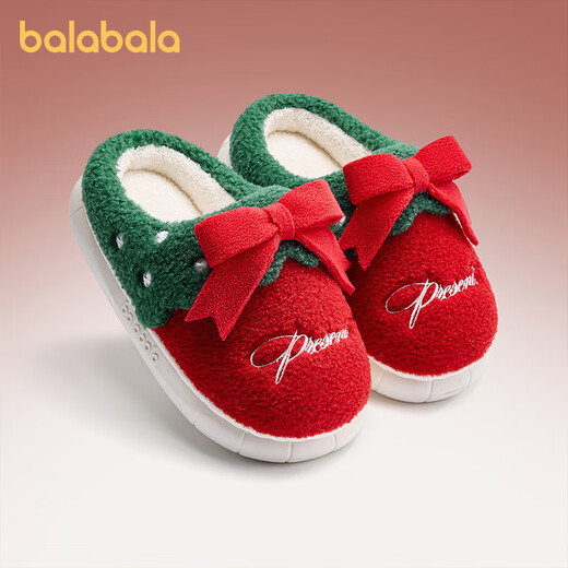 Balabala Children's Cotton Slippers Boys' Winter Velvet Non-Slip Bow Girls' Wool Shoes Warm Indoor Home Slippers Christmas Red 37 Inner Length 24cm Suitable for Feet Length 36-37