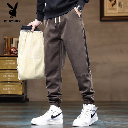 Playboy winter all-in-one velvet casual pants for men, autumn and winter loose harem pants with velvet and thickened outer wear sports pants, gray velvet XL 31/32 size